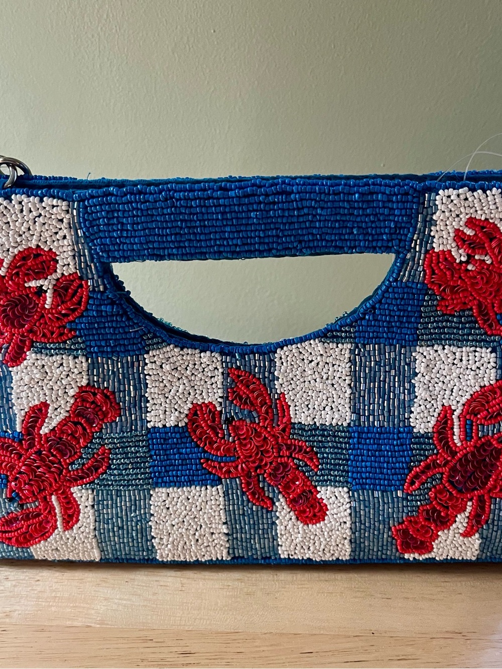 Beaded Blue Checkered Lobster Clutch with Shoulder Strap